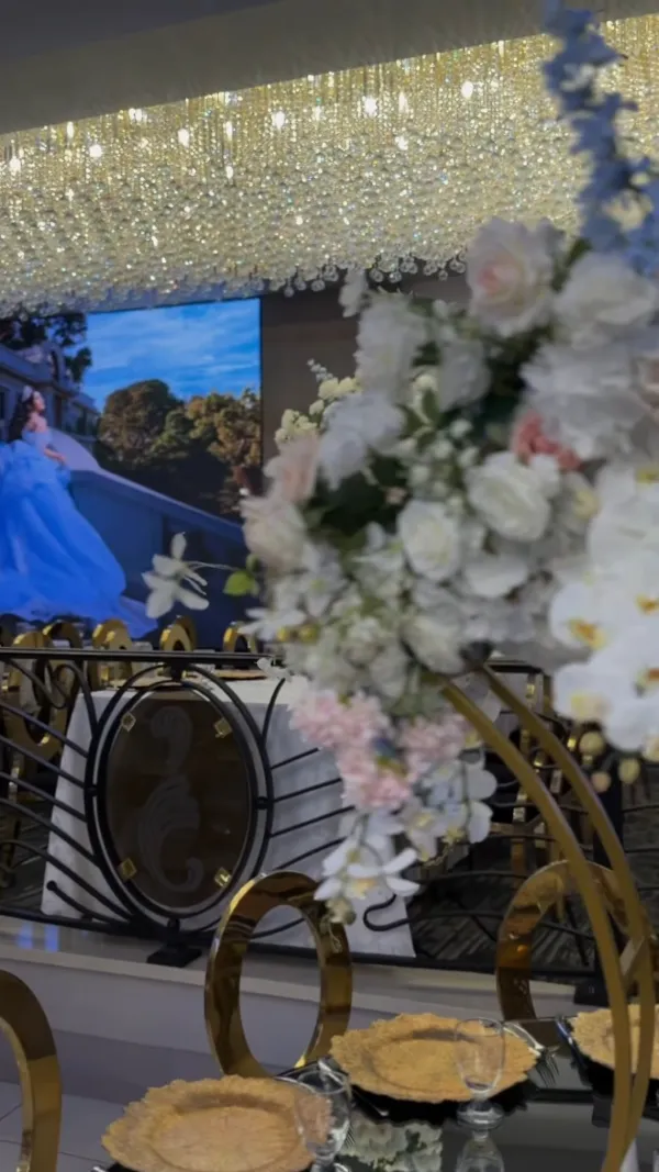 Crystal ceiling above a floral centerpiece
