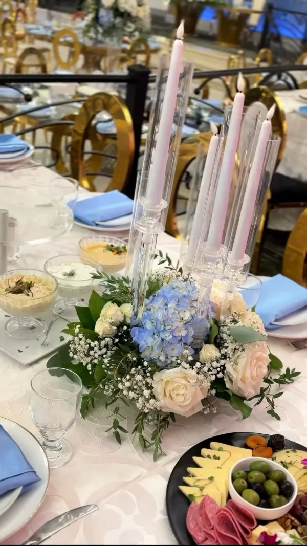 Charcuterie and fruit presentation with blue and white florals