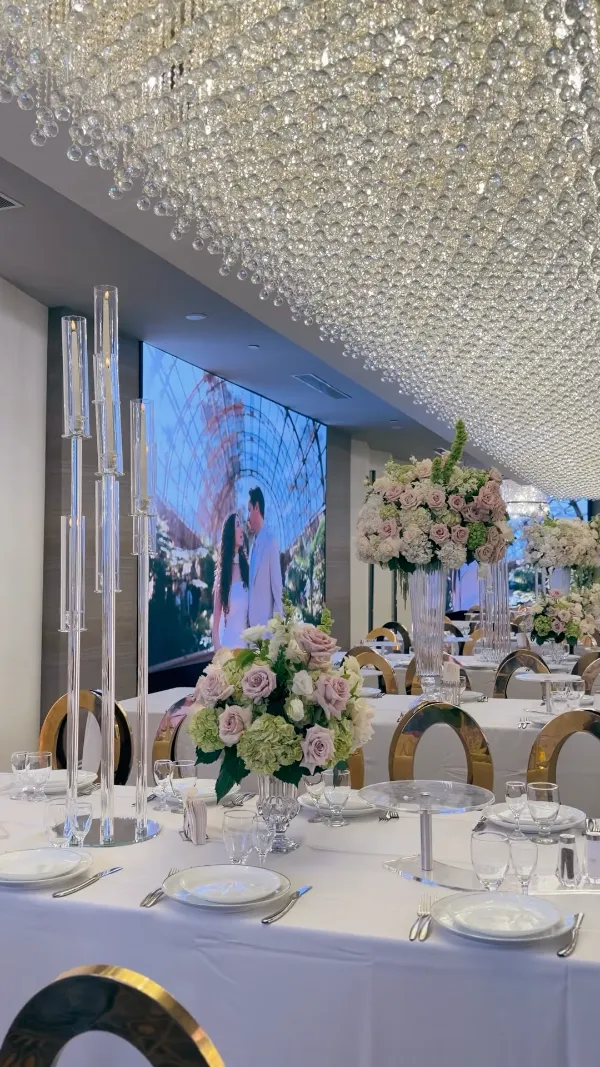 Long banquet table beneath the crystal ceiling