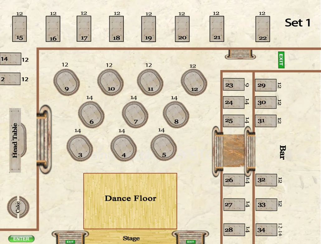 Seating arrangement one: 430 guests with head table